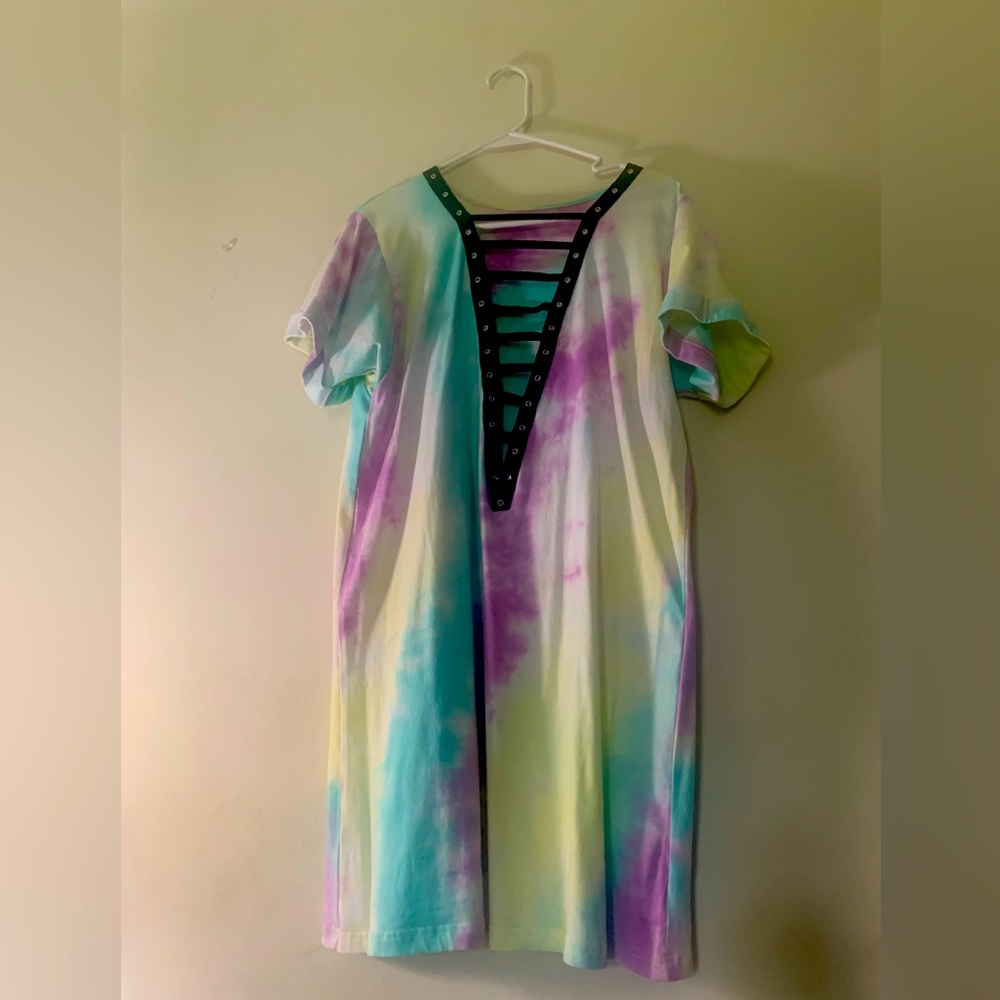 Tie-Dye Dress with Black Lace-Up Detail